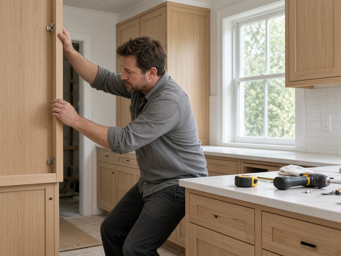 Cabinet installer fitting a kitchen renovation